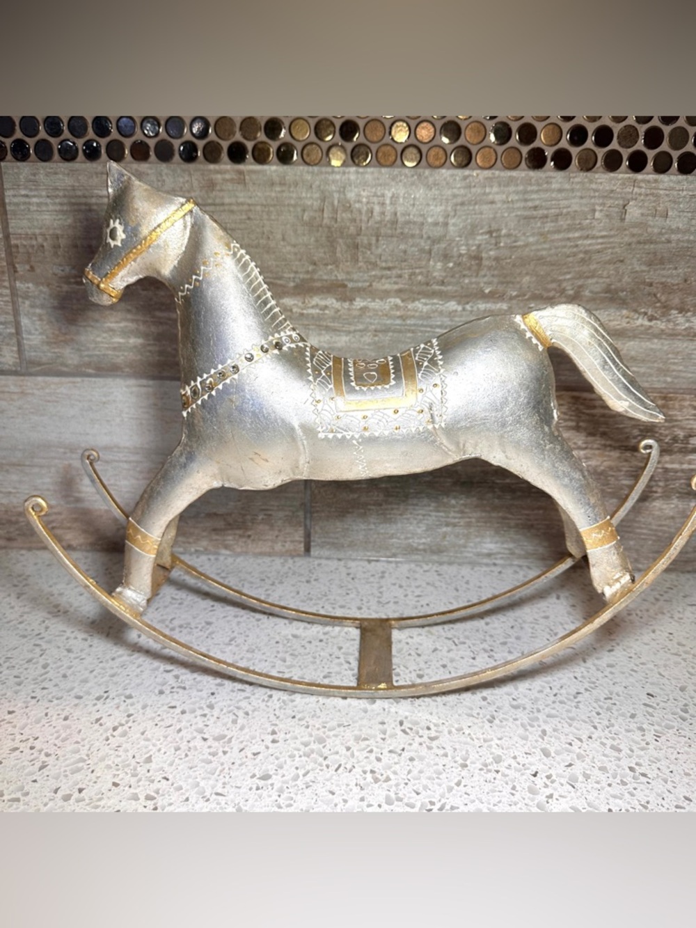 Metal Rocking Horse Shabby Chic Holiday Nursery Decor Silver Golden